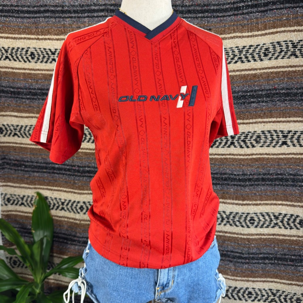 Old Navy Vintage Style Red Athletic Jersey V-Neck Striped Shirt Womens Medium